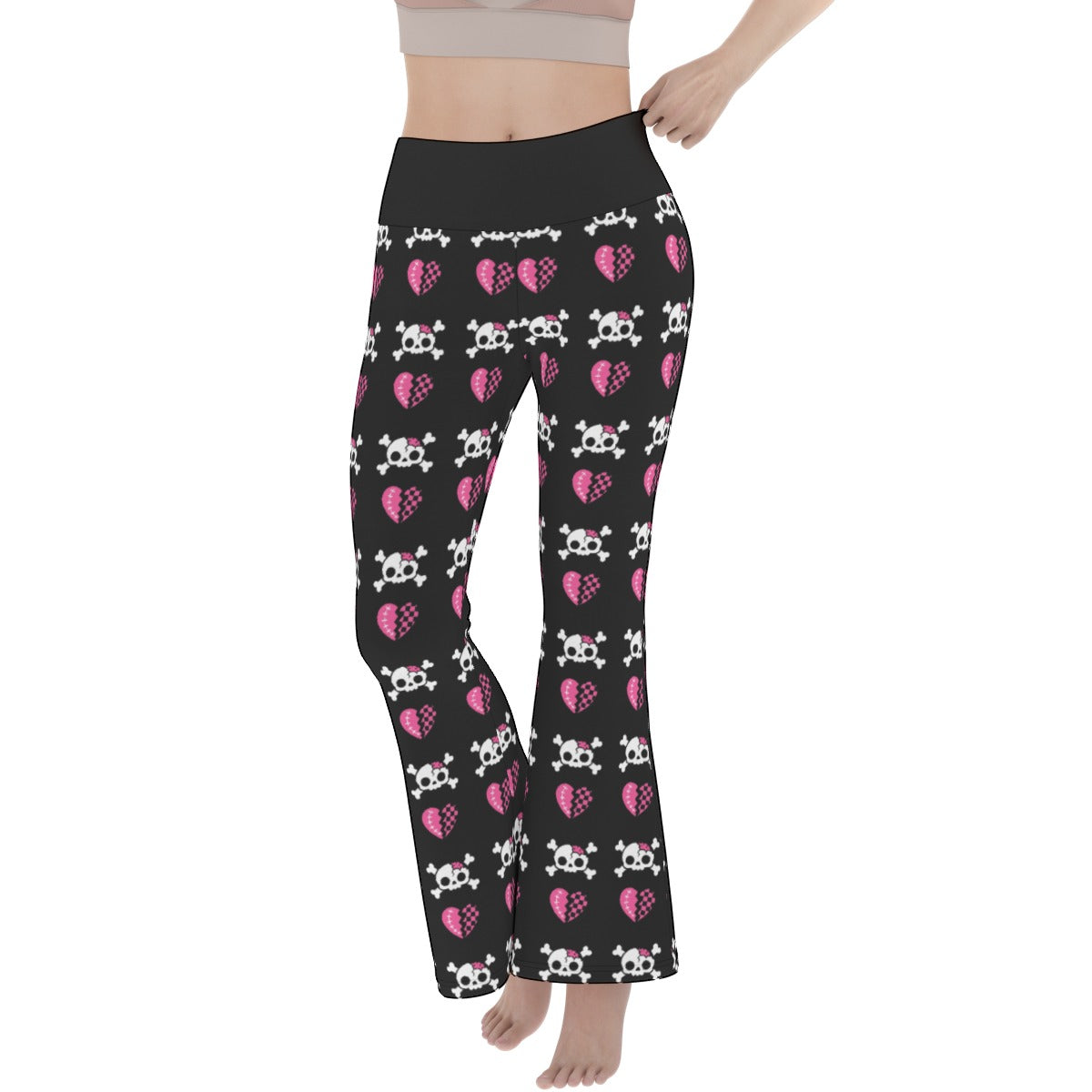 Dead Sweet Skull Heart Flare Yoga Pants – Black & Pink Y2K Goth