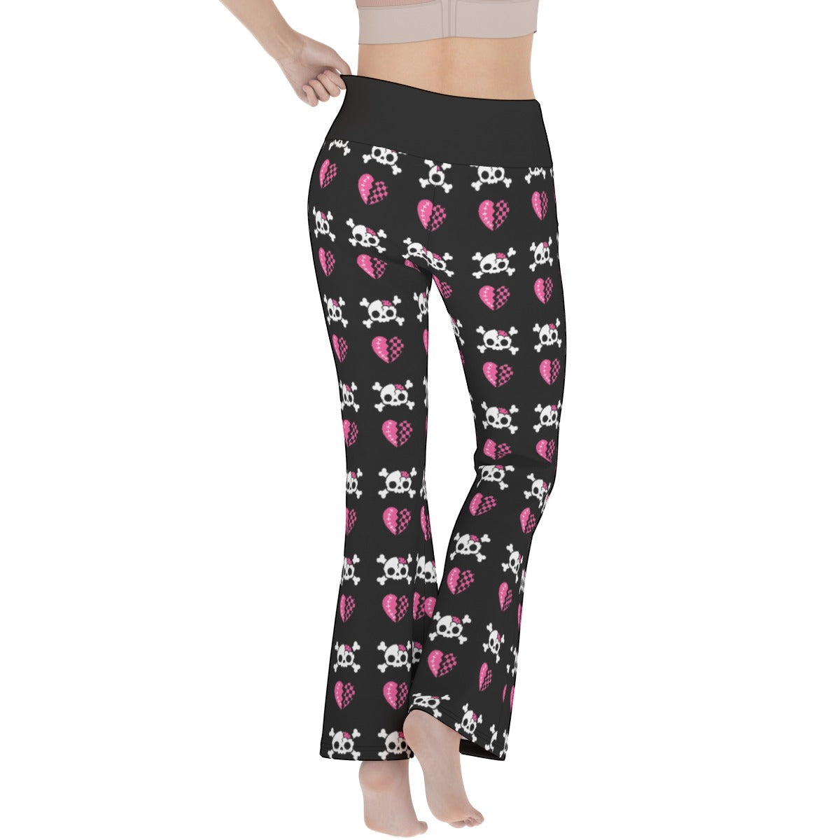 Dead Sweet Skull Heart Flare Yoga Pants – Black & Pink Y2K Goth