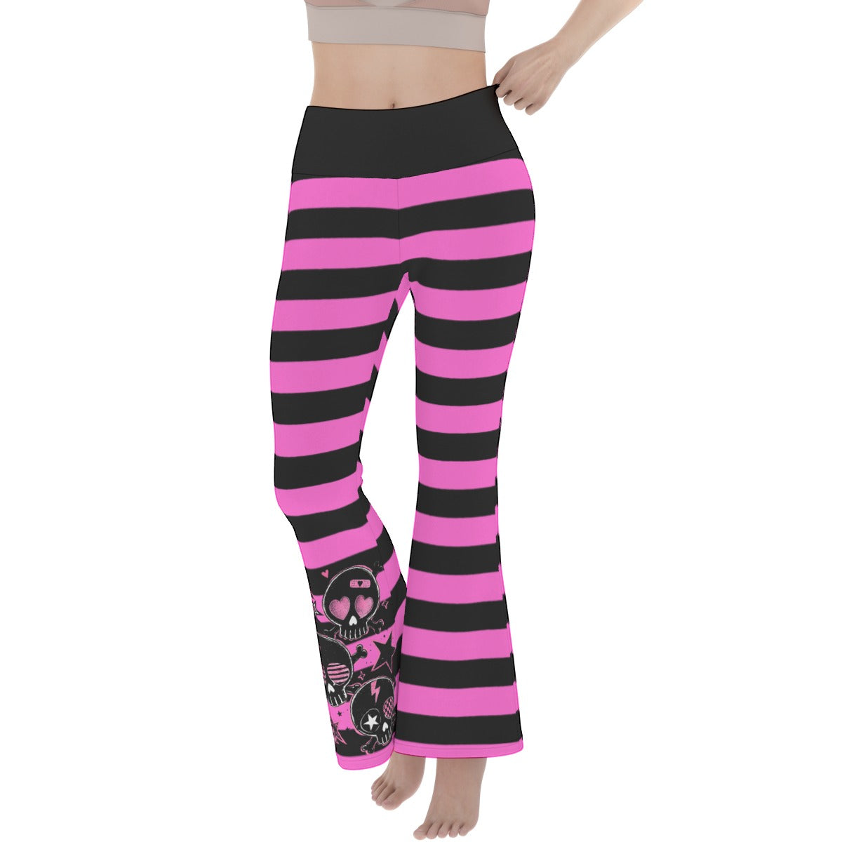 Pink Skull Stripe Flare Yoga Pants – Black Scene Emo Y2K Pants