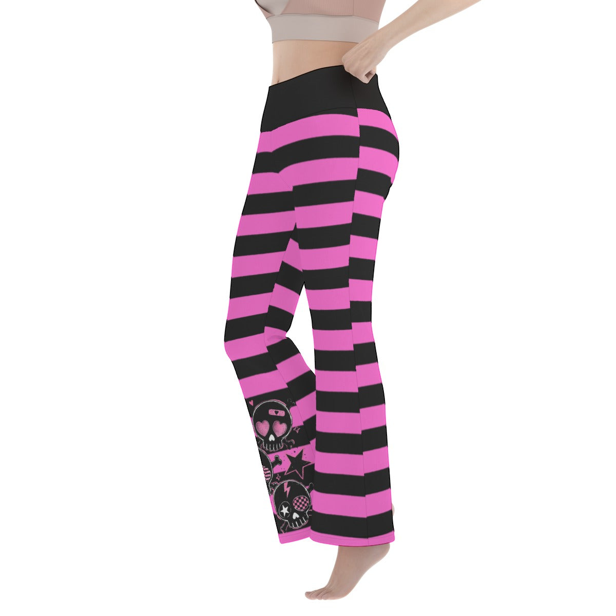 Pink Skull Stripe Flare Yoga Pants – Black Scene Emo Y2K Pants