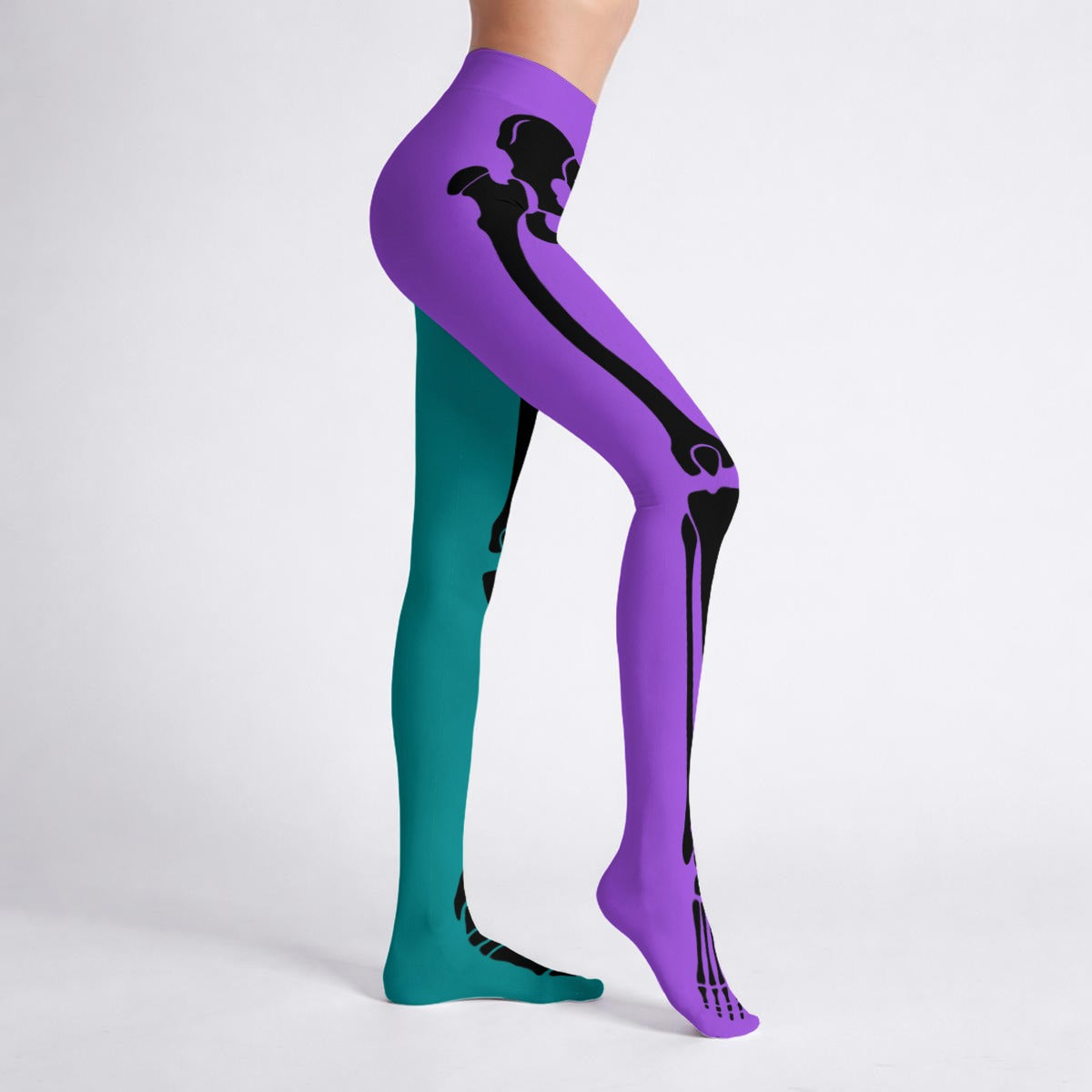 Two-Tone Skeleton High-Stretch Tights – Purple & Teal