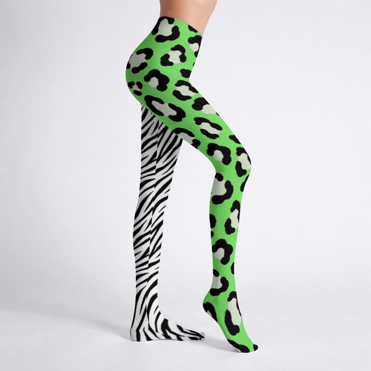 Split Neon Leopard Zebra High-Stretch Tights – Scene Y2K Animal Print Tights