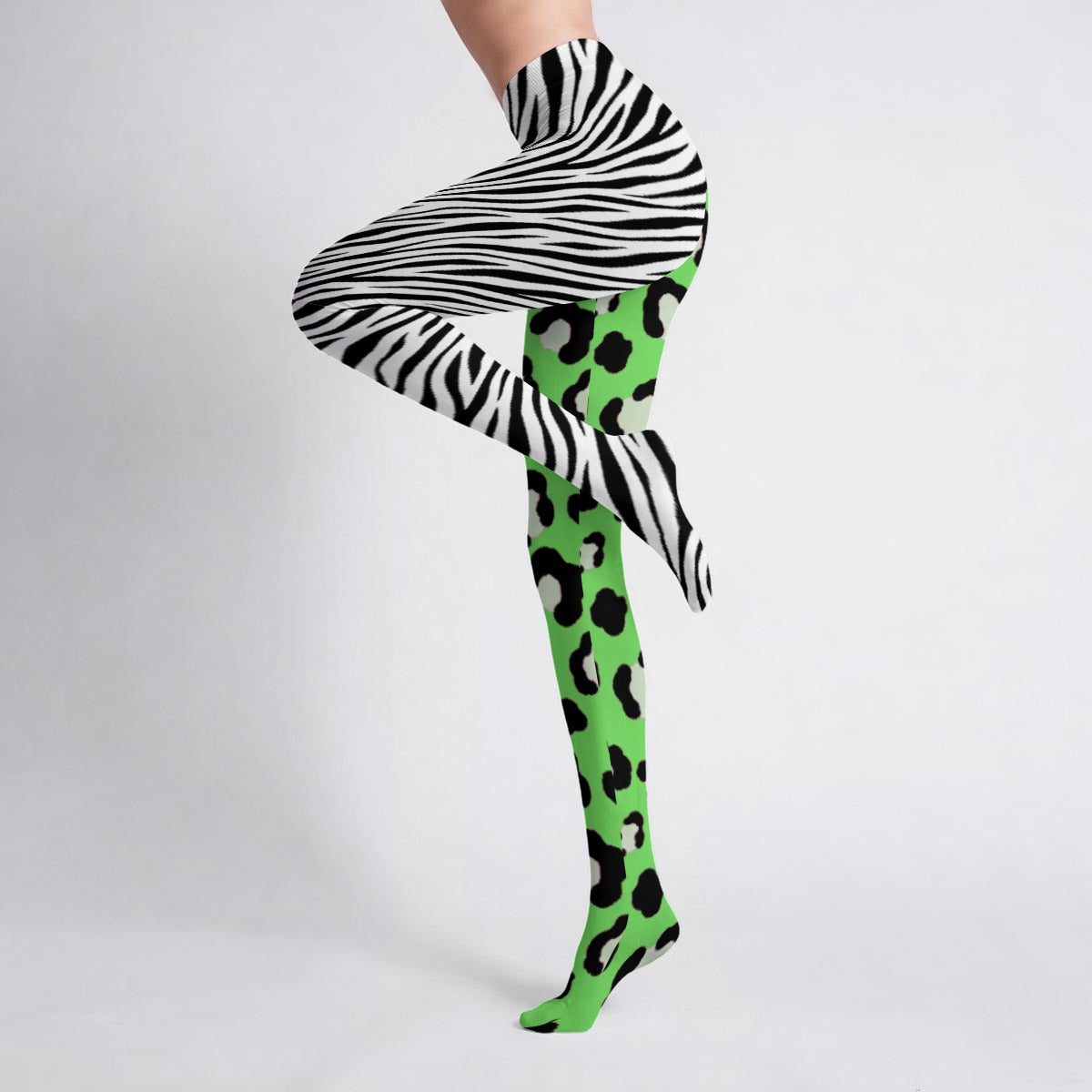 Split Neon Leopard Zebra High-Stretch Tights – Scene Y2K Animal Print Tights