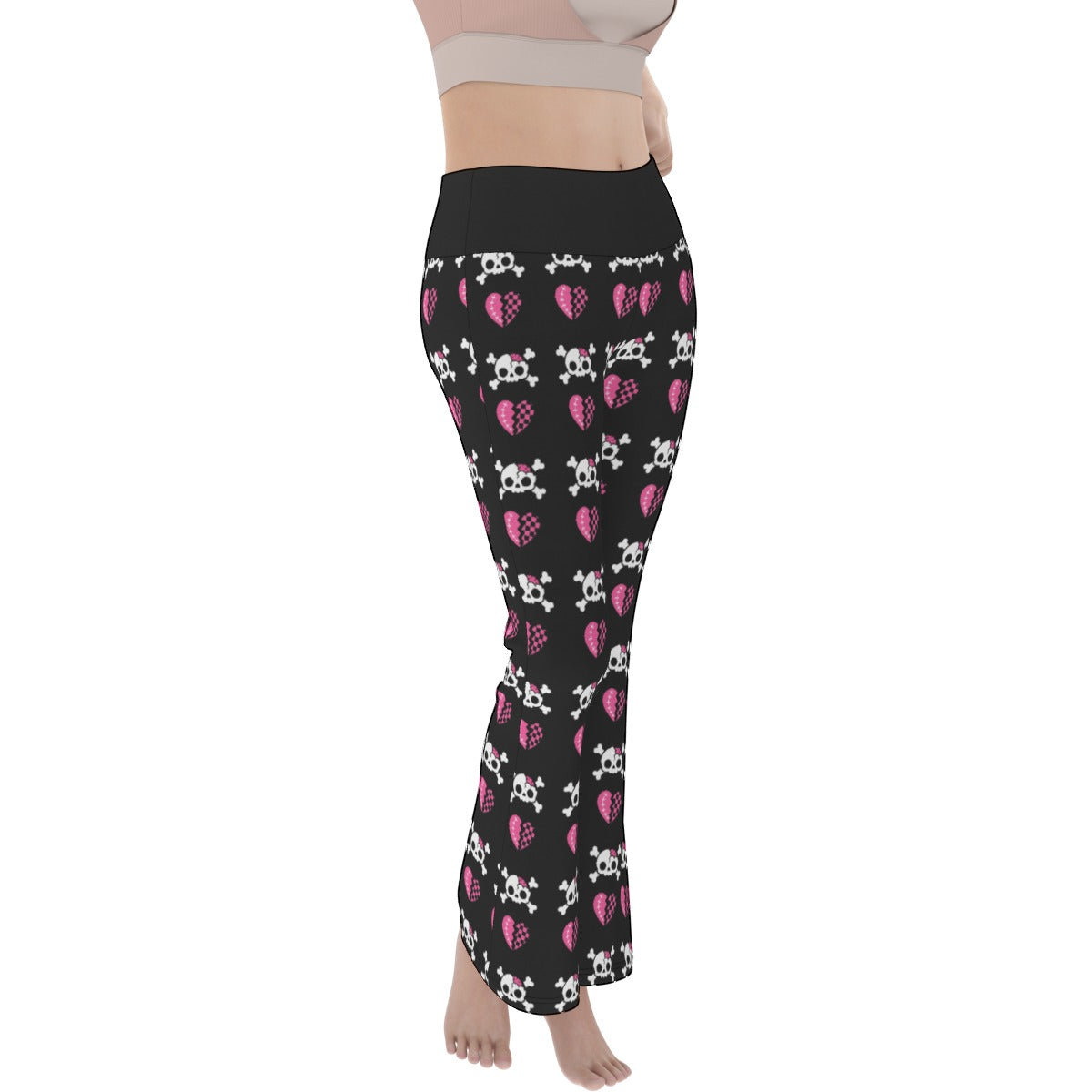 Dead Sweet Skull Heart Flare Yoga Pants – Black & Pink Y2K Goth