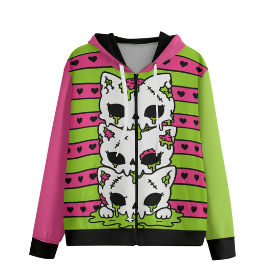 Zombie Kitty Stack Unisex Cotton Zip-Up Hoodie (XS–6XL) PINK