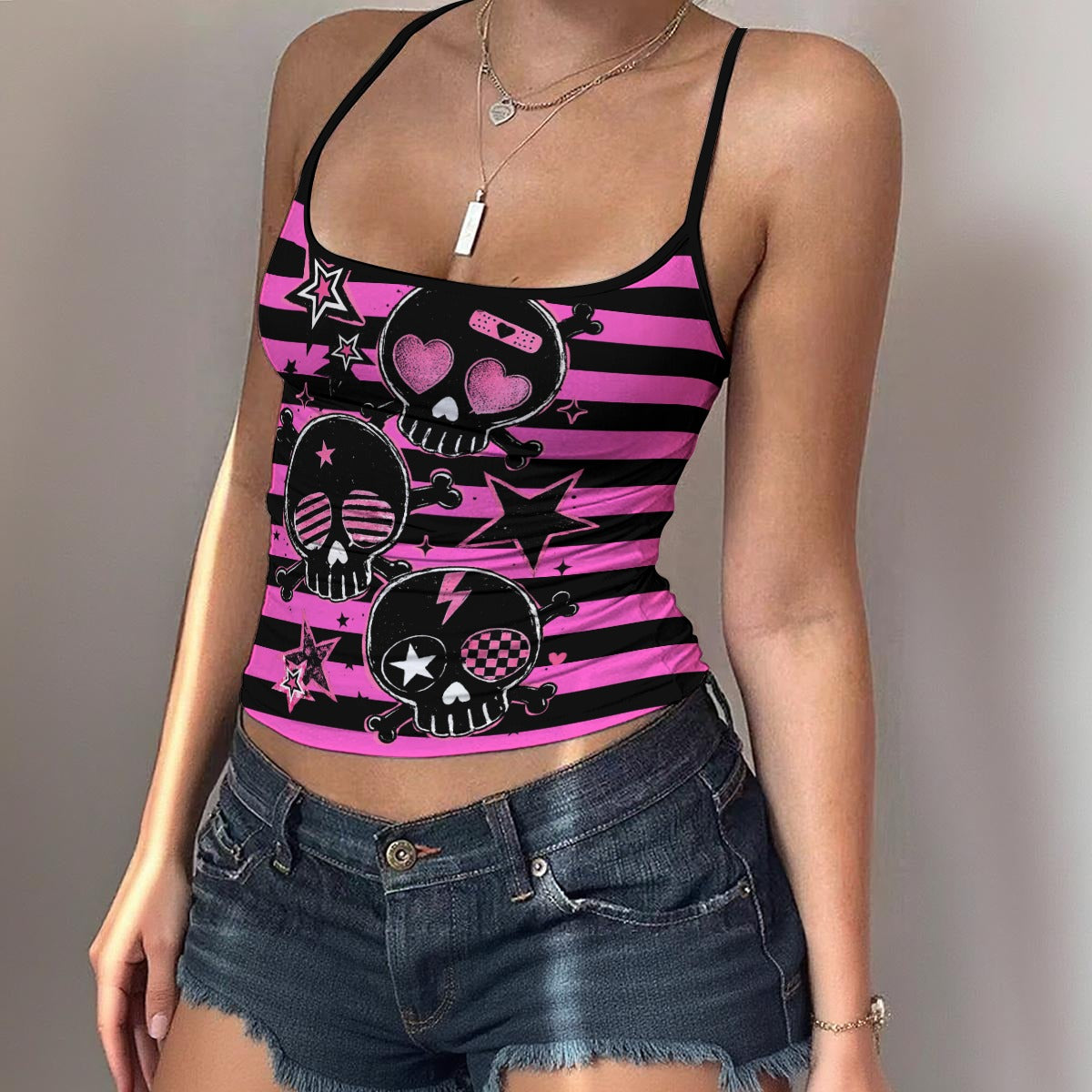 Pink Skull Stripe Spaghetti Strap Tank Top – Scene Emo Y2K Cami