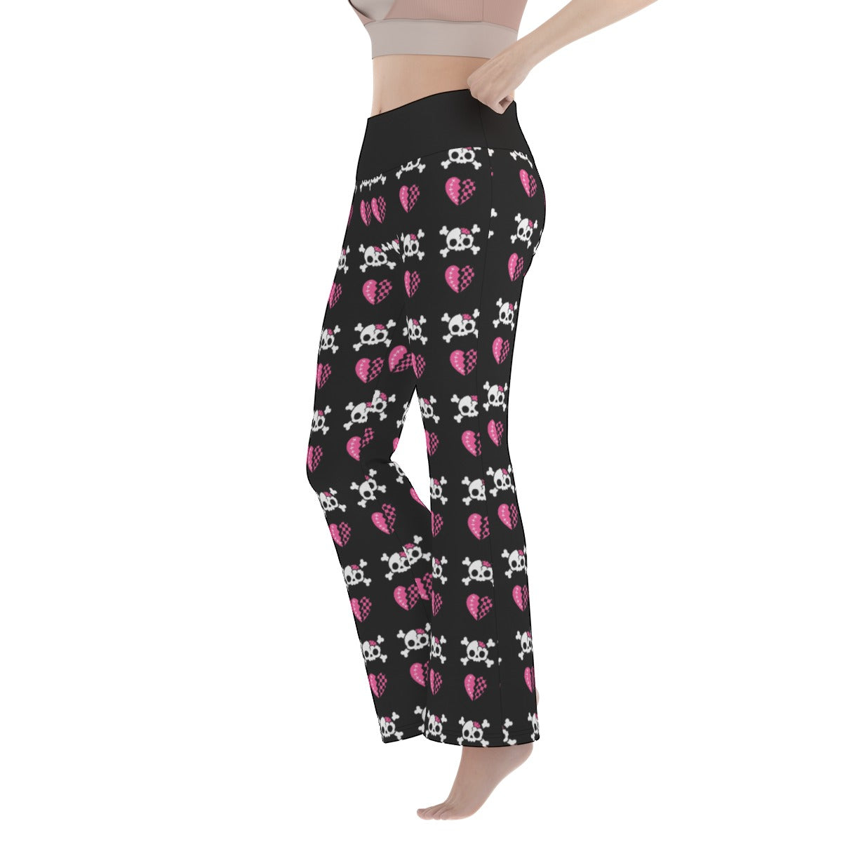 Dead Sweet Skull Heart Flare Yoga Pants – Black & Pink Y2K Goth