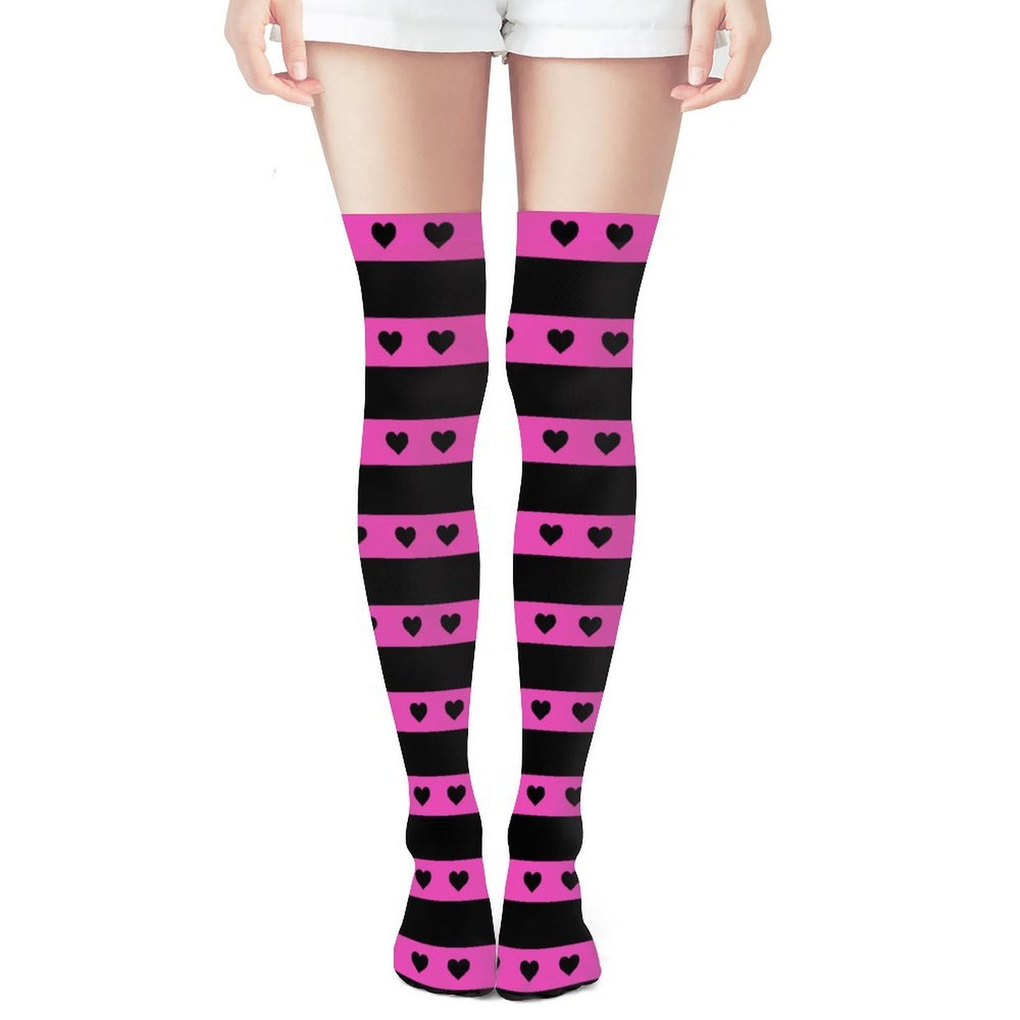 Pink Black Heart Stripe Over The Knee Stockings | Emo Scene Goth Fashion