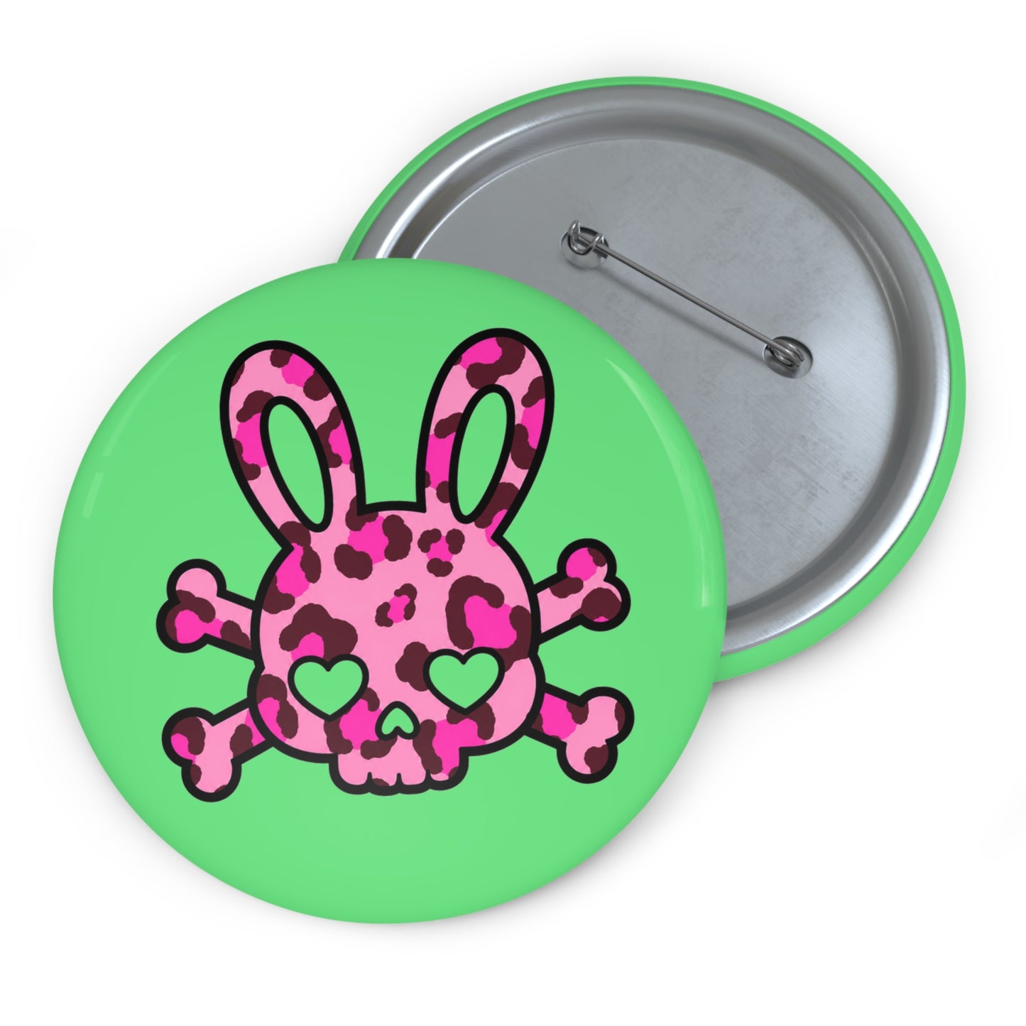 Cute Punk Bunny Skull Pin Button — Pink Leopard Heart-Eye Badge