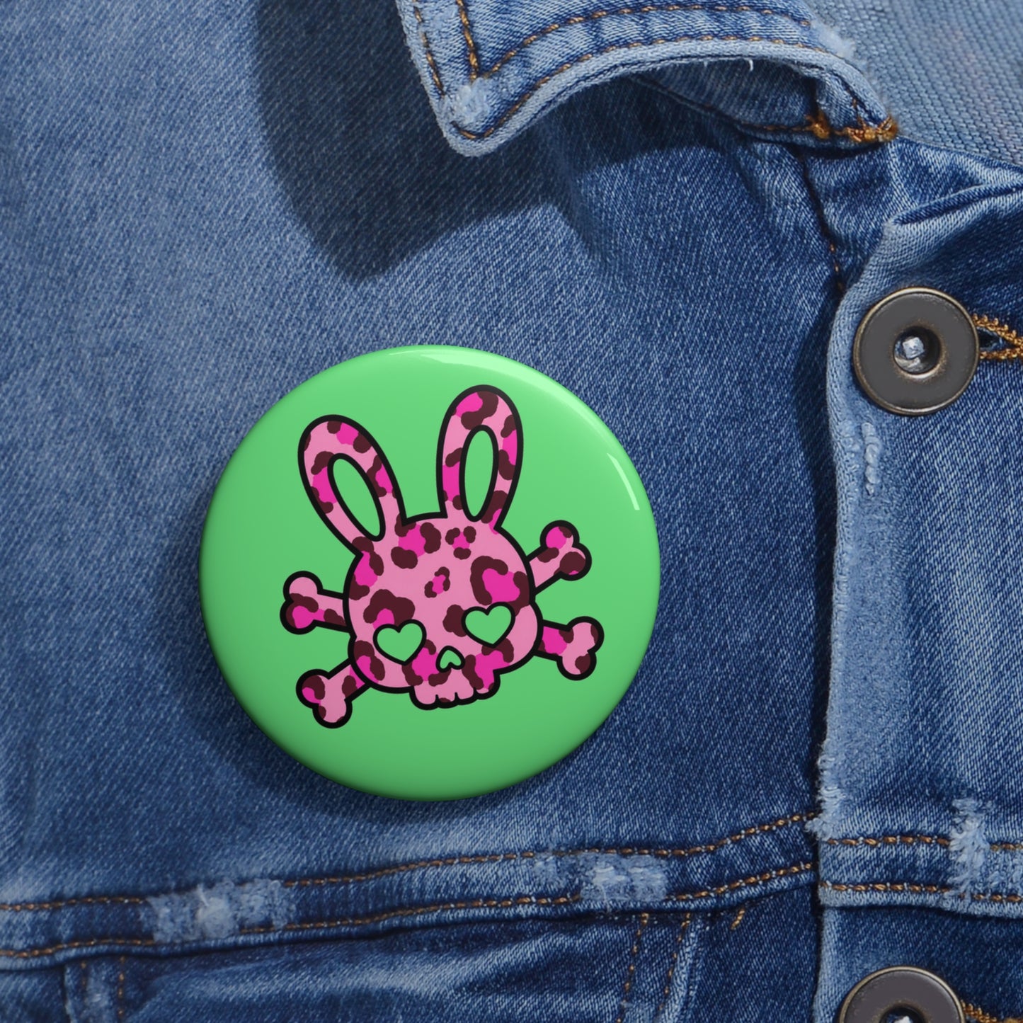 Cute Punk Bunny Skull Pin Button — Pink Leopard Heart-Eye Badge