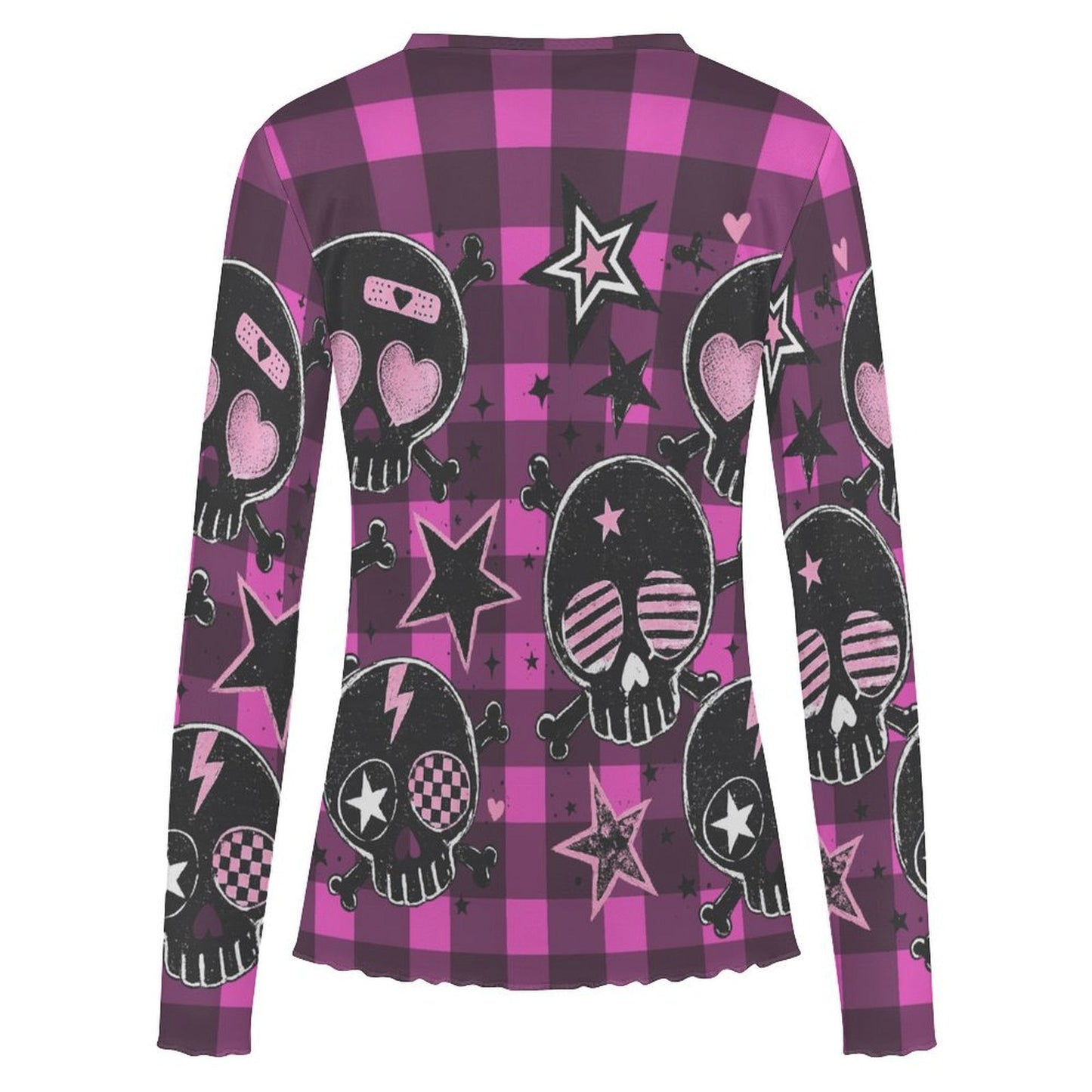 Pink Skull Plaid Sheer Mesh Long Sleeve Top | Emo Scene Y2K Shirt
