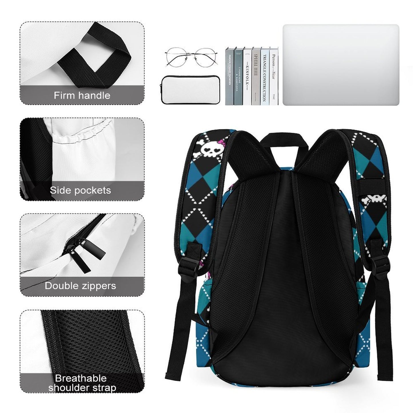 Dead Cute Skull Argyle Scene Backpack – Teal Black Emo Bag