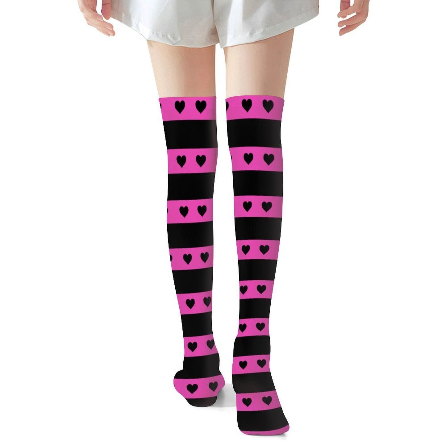 Pink Black Heart Stripe Over The Knee Stockings | Emo Scene Goth Fashion