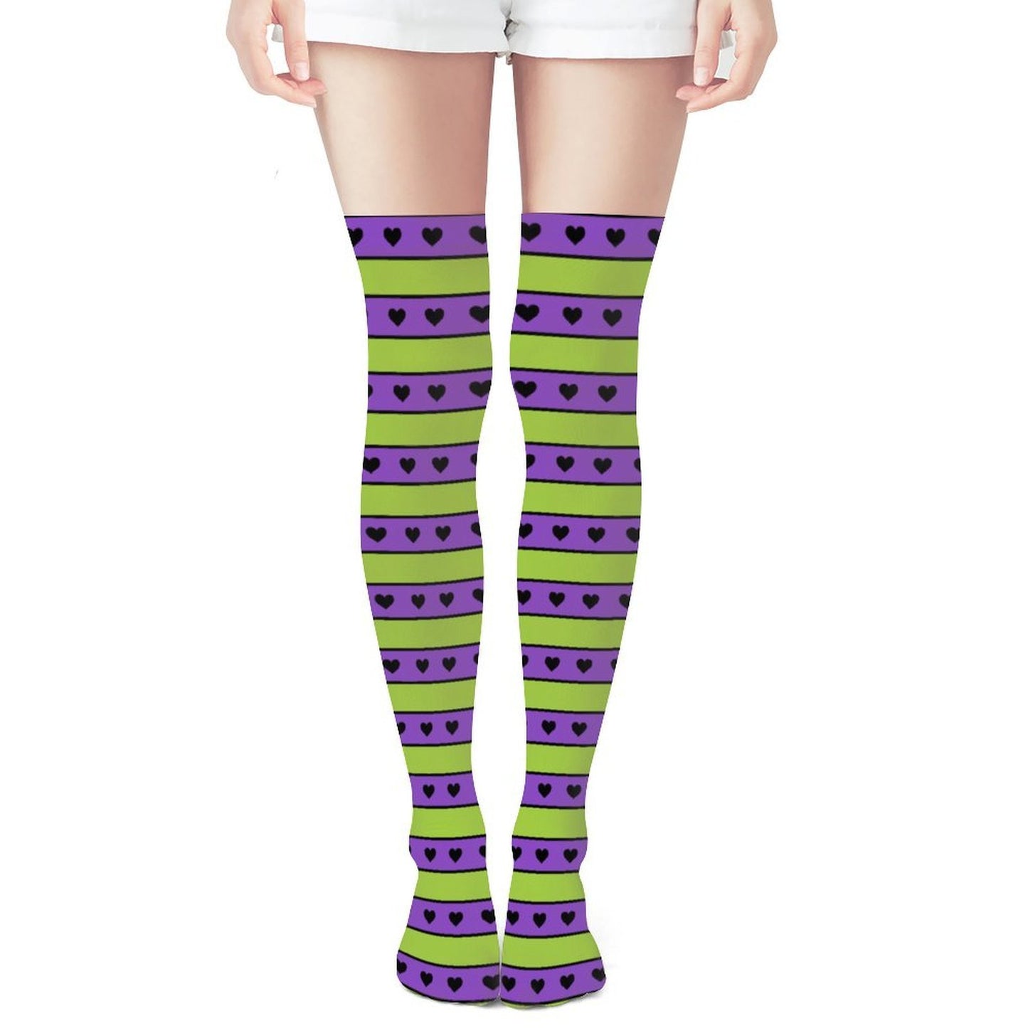 Purple Lime Heart Stripe Over The Knee Stockings | Emo Scene Goth Fashion