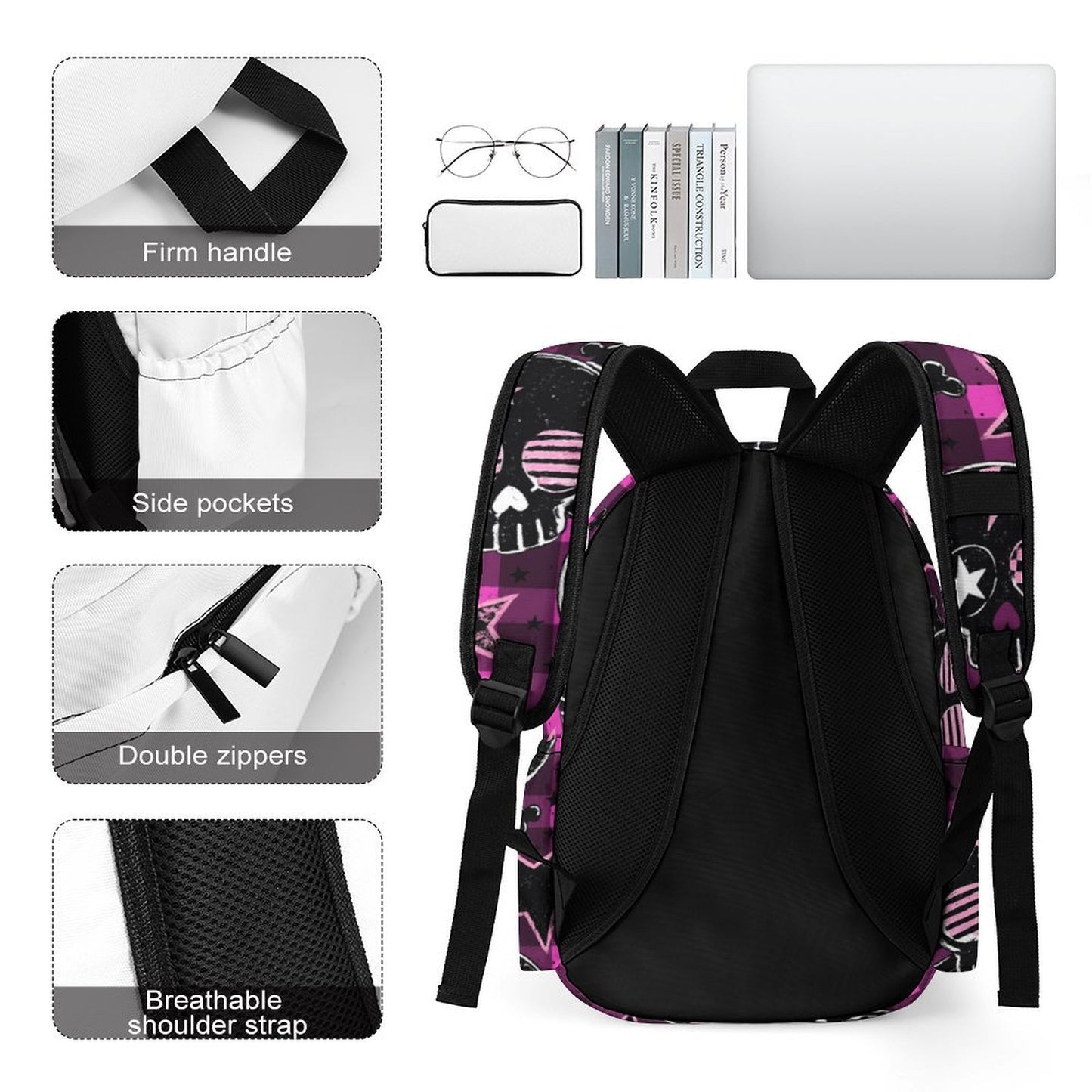 Heartbreaker Skull Plaid Scene Backpack – Hot Pink Black Y2K Bag