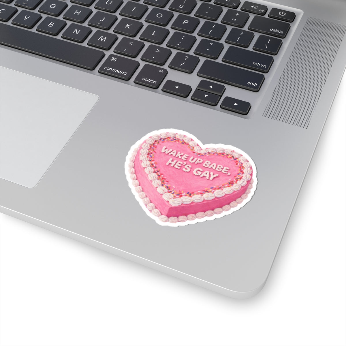 Wake Up Babe He's Gay Heart Sticker — Pink Die-Cut Vinyl Sticker