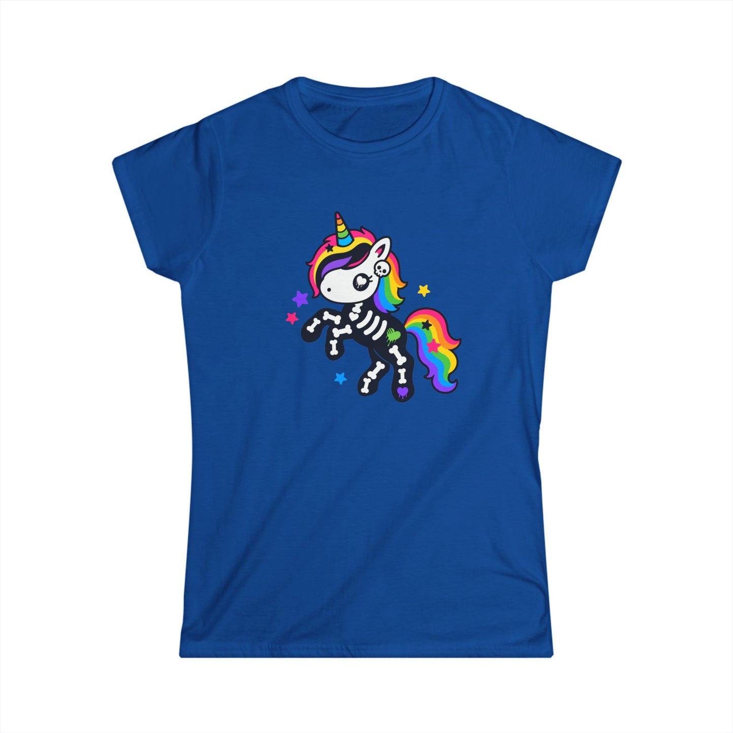 Rainbow Skeleton Unicorn Women's Softstyle T-Shirt – Scene Kid Kawaii Goth Tee, S–3XL