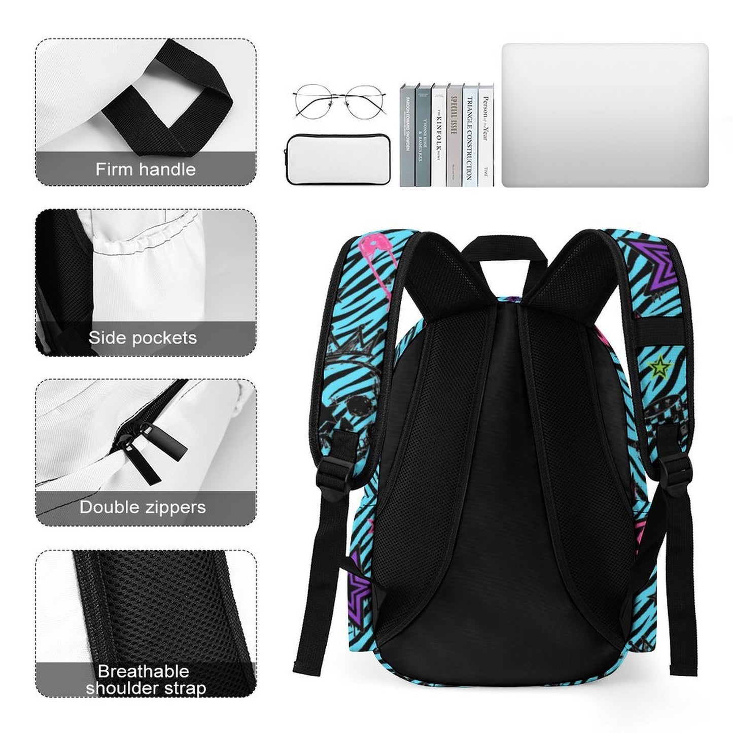 Electric Chaos Scene Backpack – Teal Zebra Skull Print