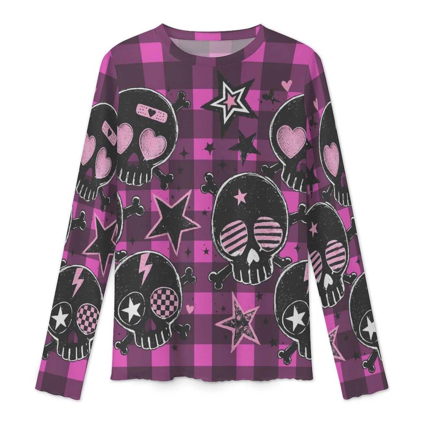 Pink Skull Plaid Sheer Mesh Long Sleeve Top | Emo Scene Y2K Shirt