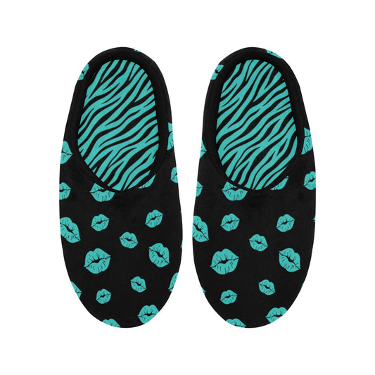 Teal Kiss Print Plush House Slippers