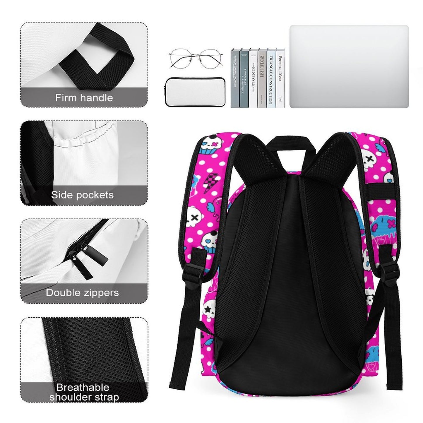 Dead Sweet Pink Scene Backpack – Skull Cupcake Polka Dot Bag