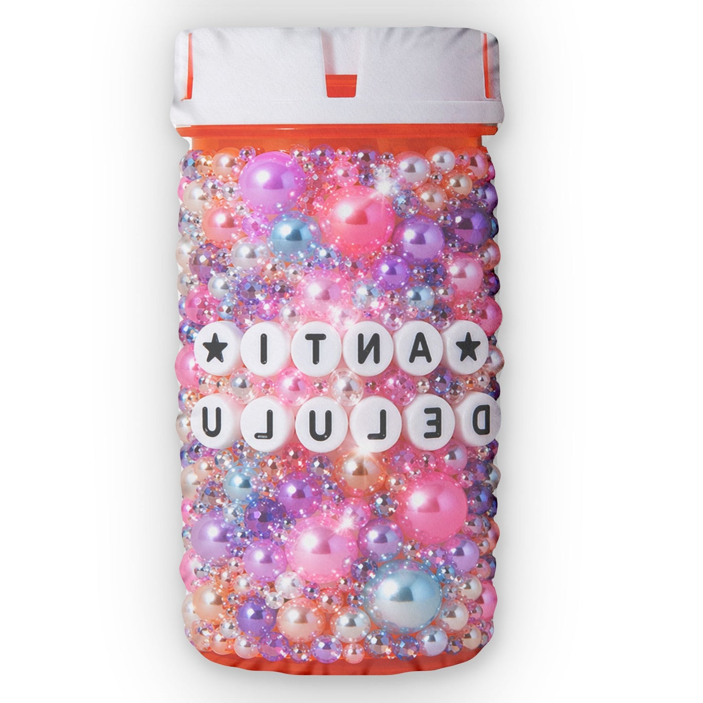 Anti Delulu Pill Bottle Pillow – Kawaii Glitter Plush Cushion