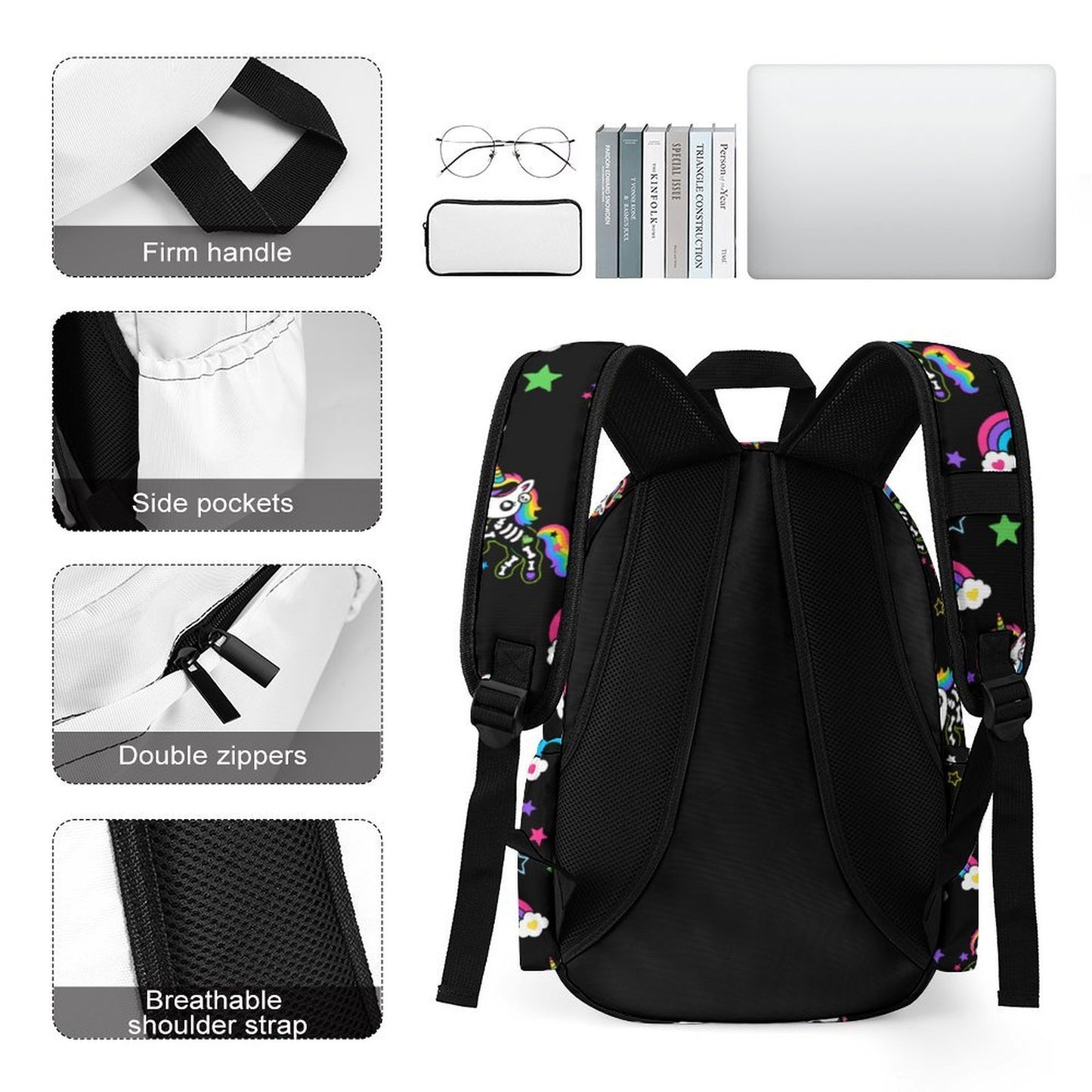 Rainbow Undead Unicorn Backpack – Black Scene Y2K Bag
