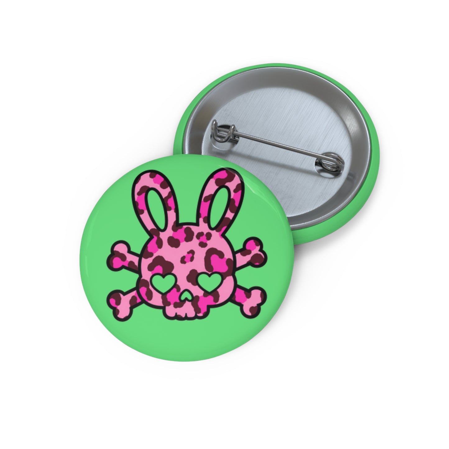 Cute Punk Bunny Skull Pin Button — Pink Leopard Heart-Eye Badge