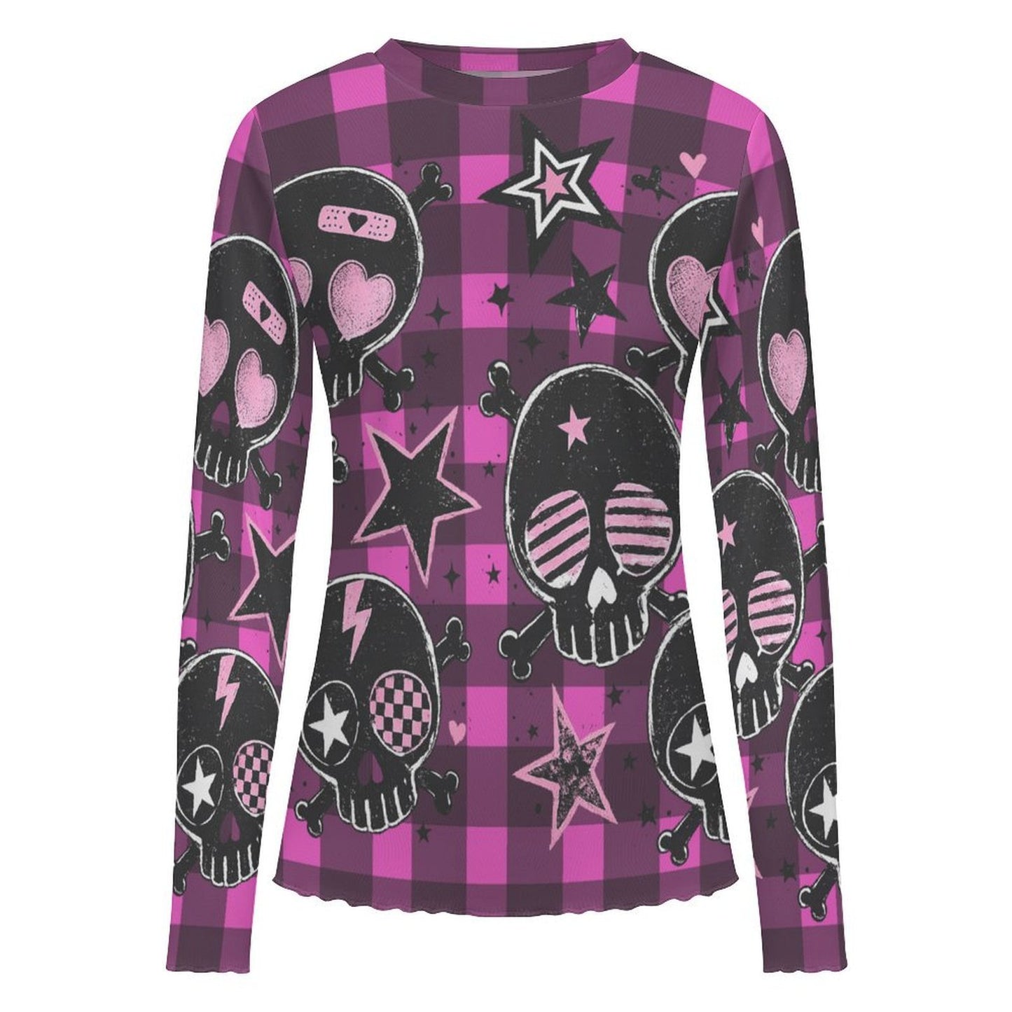 Pink Skull Plaid Sheer Mesh Long Sleeve Top | Emo Scene Y2K Shirt