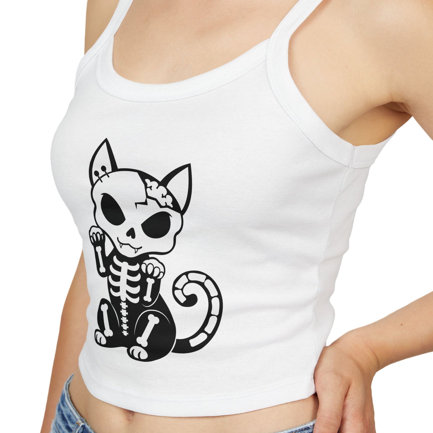 Skeleton Cat Crop Tank Top — Spooky Lucky Cat Graphic for Halloween & Alternative Style