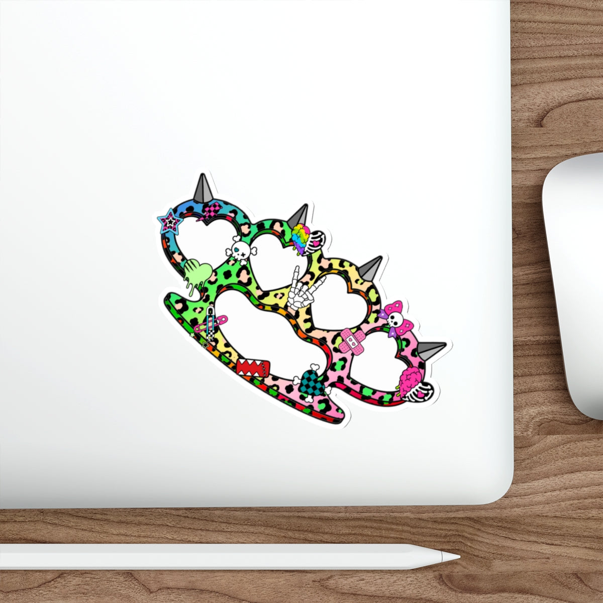 Rainbow Heart Brass Knuckle Die-Cut Sticker – Emo Scene Y2K Kawaii Vinyl Decal