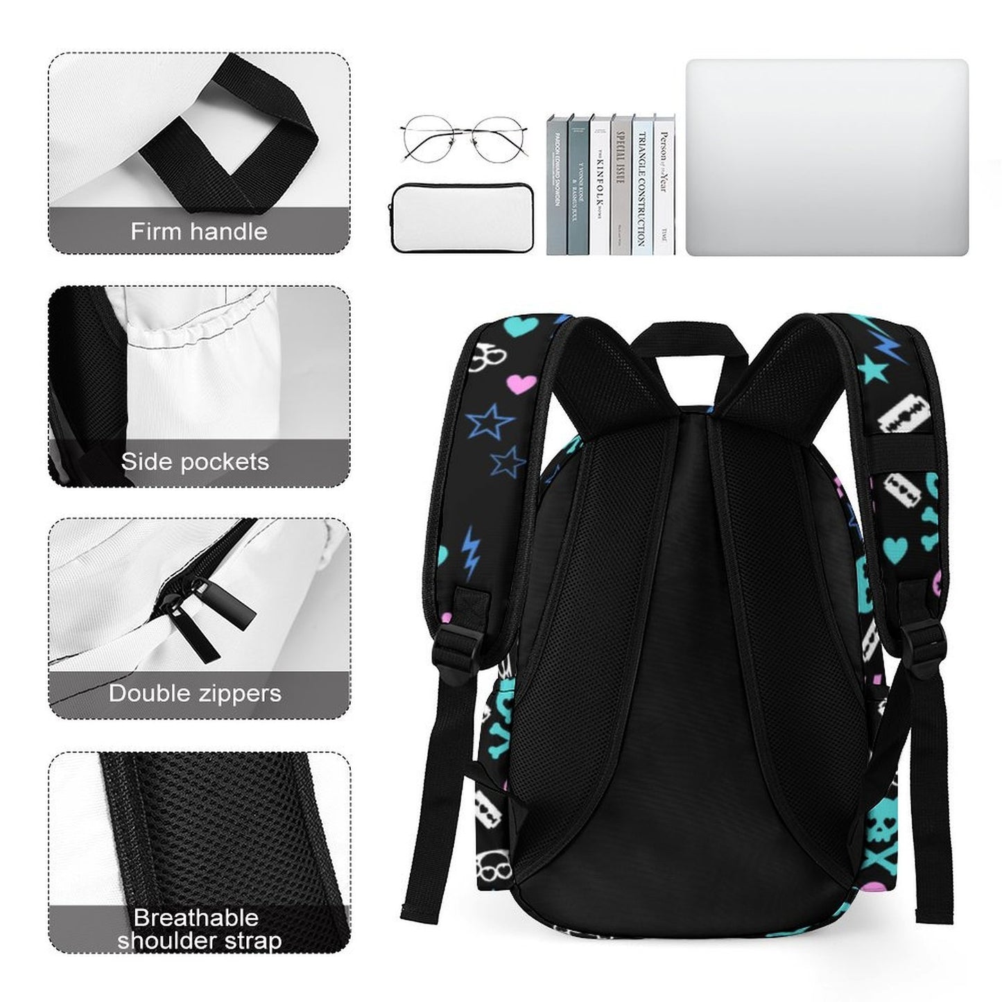 Electric Skull Scene Backpack – Teal Pink Black Y2K Emo Bag
