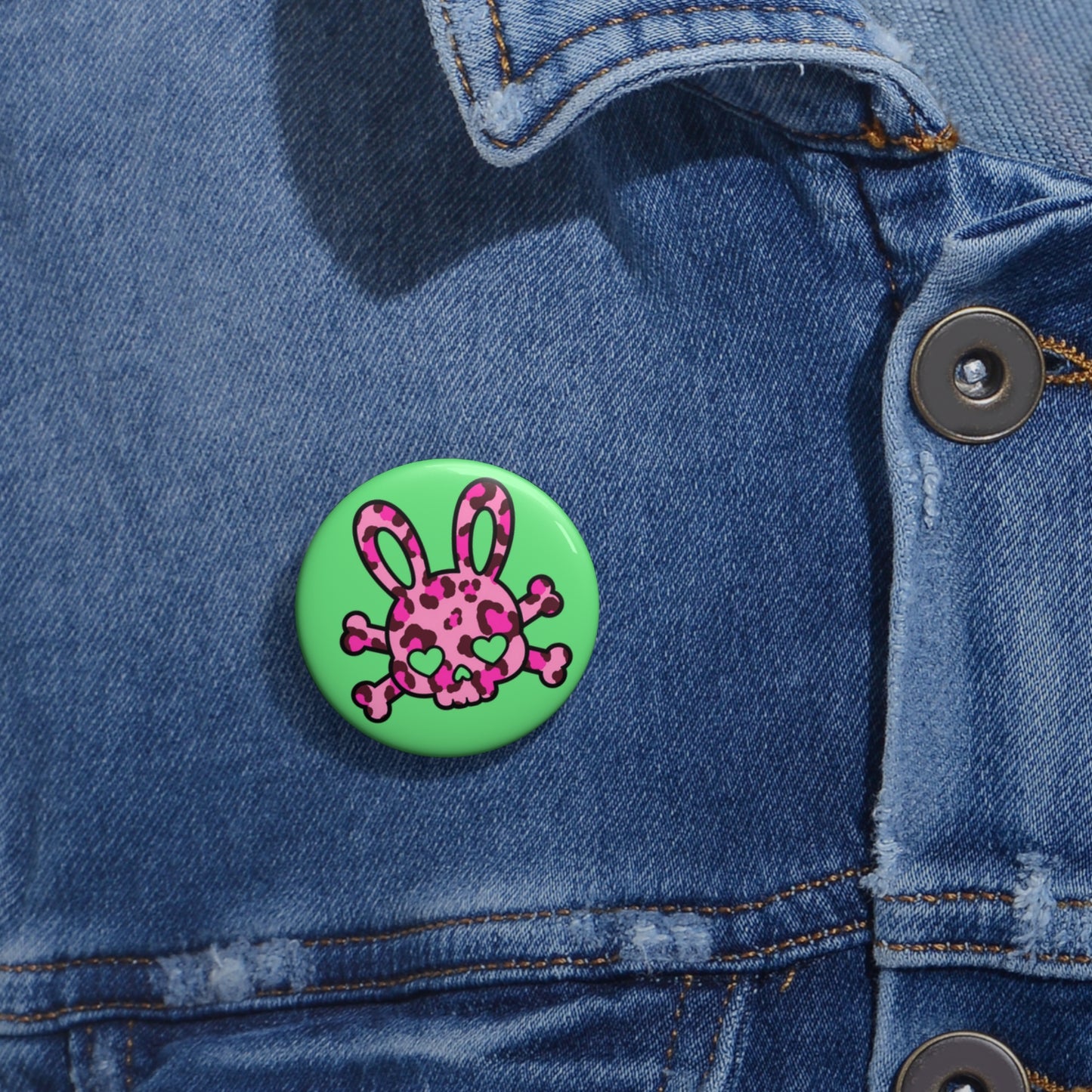 Cute Punk Bunny Skull Pin Button — Pink Leopard Heart-Eye Badge