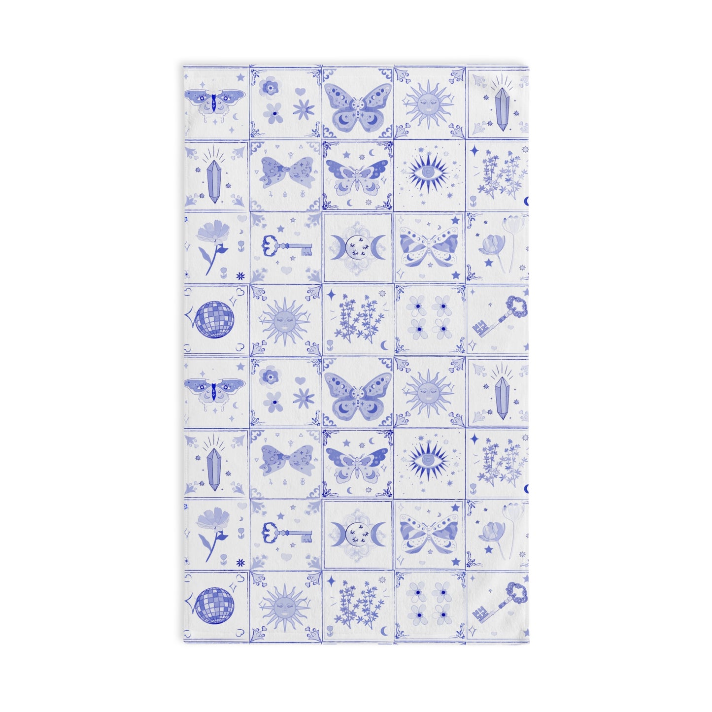 Whimsical Butterfly Blue Tile Style Hand Towel