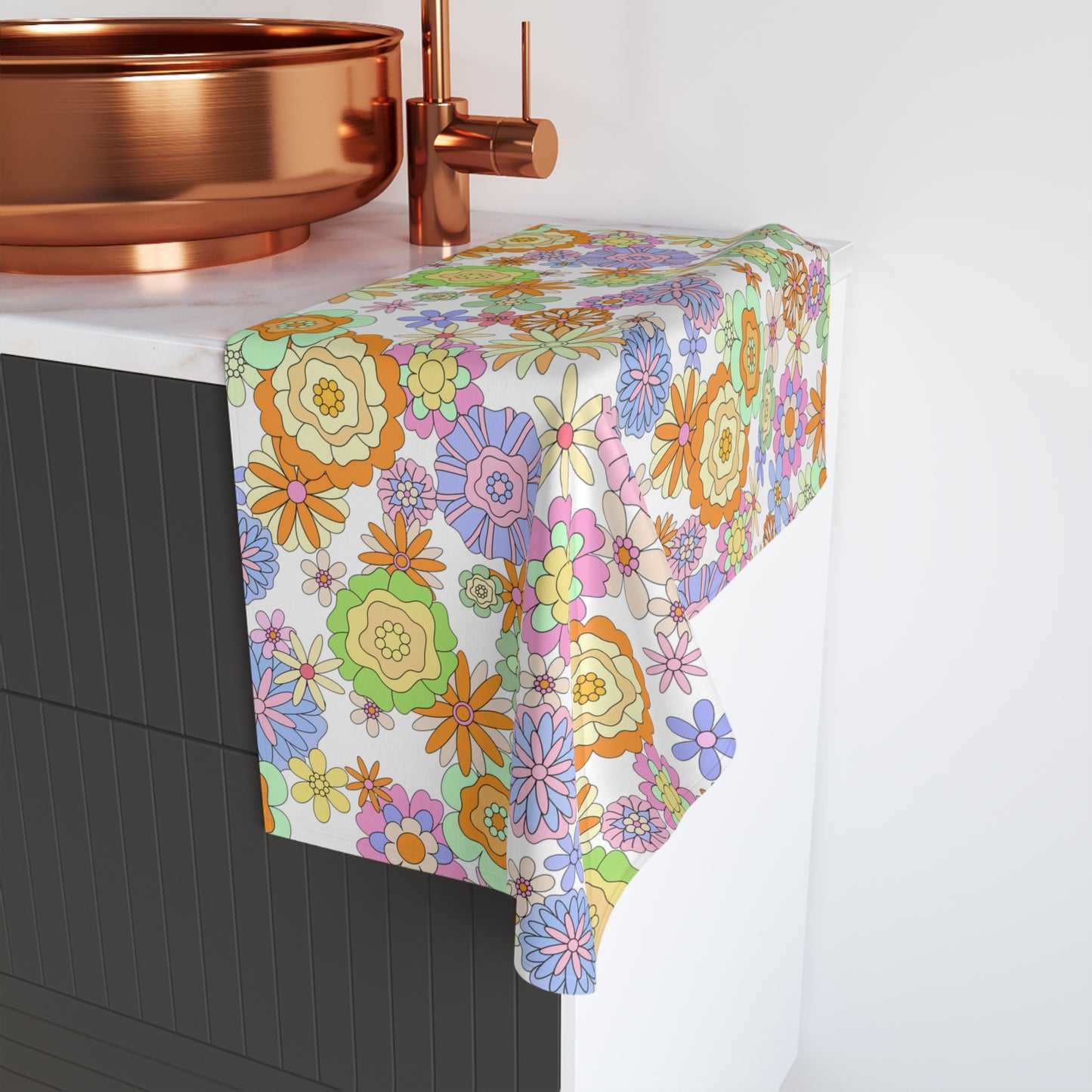 Retro Flower Child Green Hand Towel