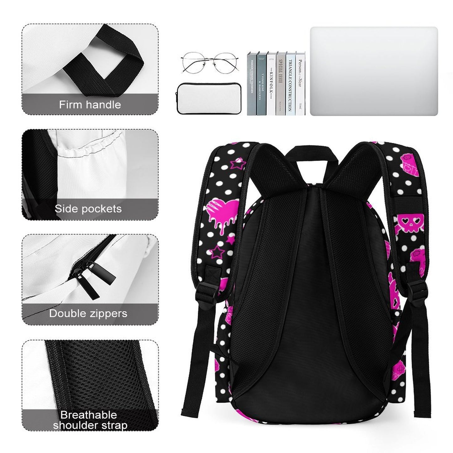 Polka Dot Hot Pink Skull Cupcake Scene Backpack