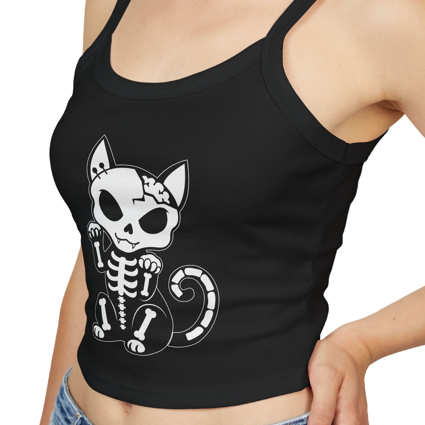 Skeleton Cat Crop Tank Top — Spooky Lucky Cat Graphic for Halloween & Alternative Style