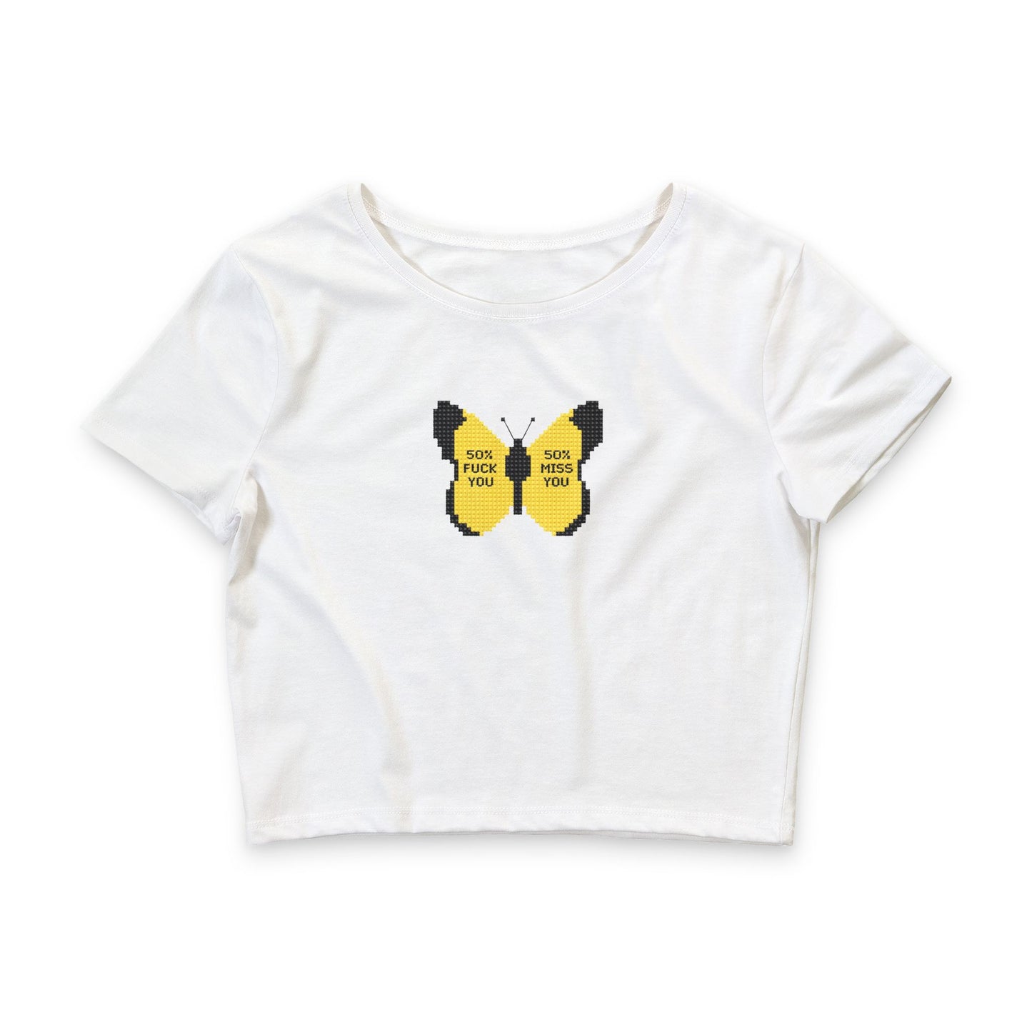 Pixel Butterfly Crop Tee — "Suck It" Retro 8-Bit Graphic Women's Top