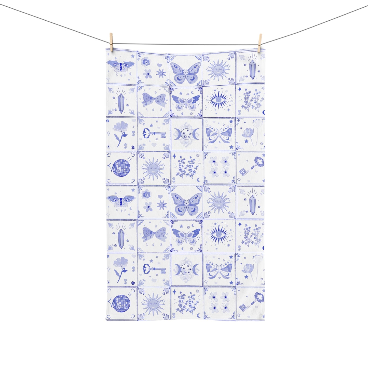 Whimsical Butterfly Blue Tile Style Hand Towel