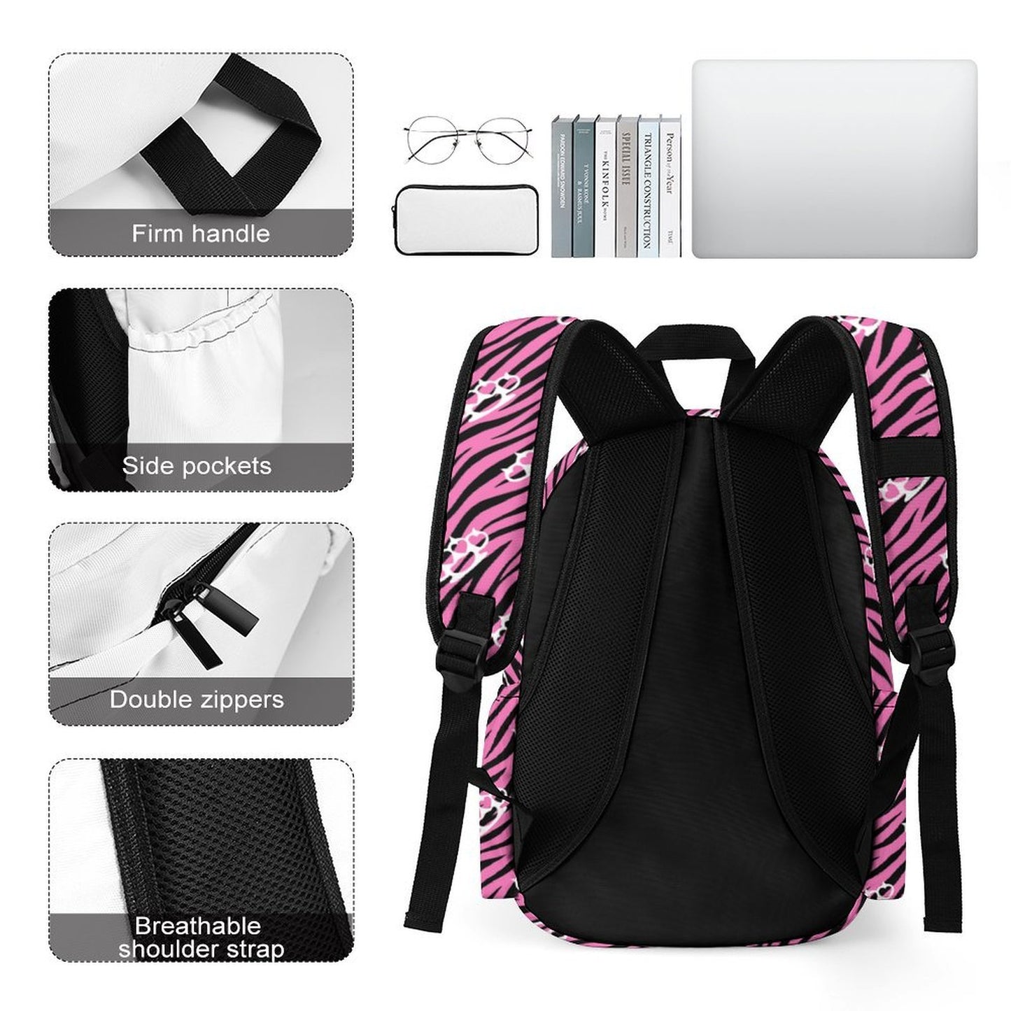 Hot Pink Skull Zebra Scene Backpack – Black Emo Y2K Bag