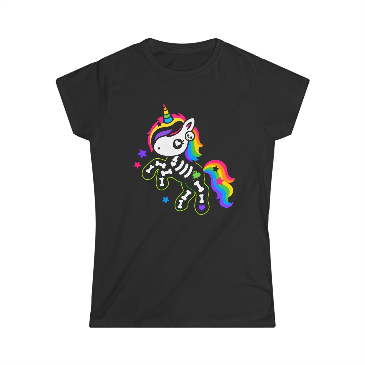 Rainbow Skeleton Unicorn Women's Softstyle T-Shirt – Scene Kid Kawaii Goth Tee, S–3XL