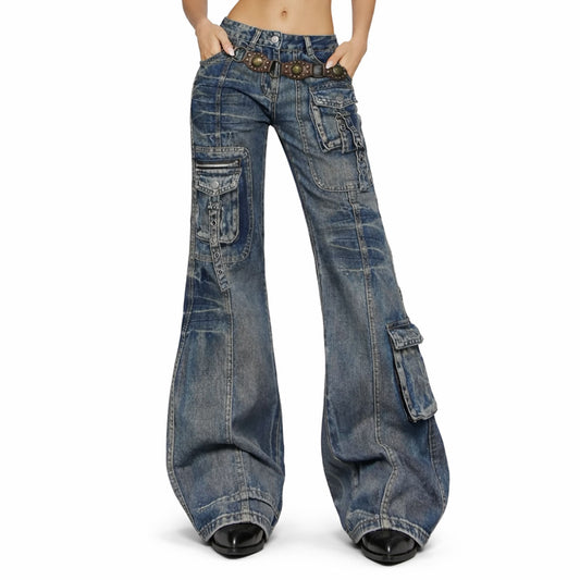 Y2K Cargo Flare Jeans – Low Rise Baggy Pocket Denim Pants