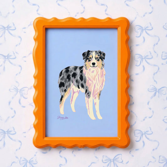 Australian Shepherd Illustration Poster – Blue Bow Wall Art Print