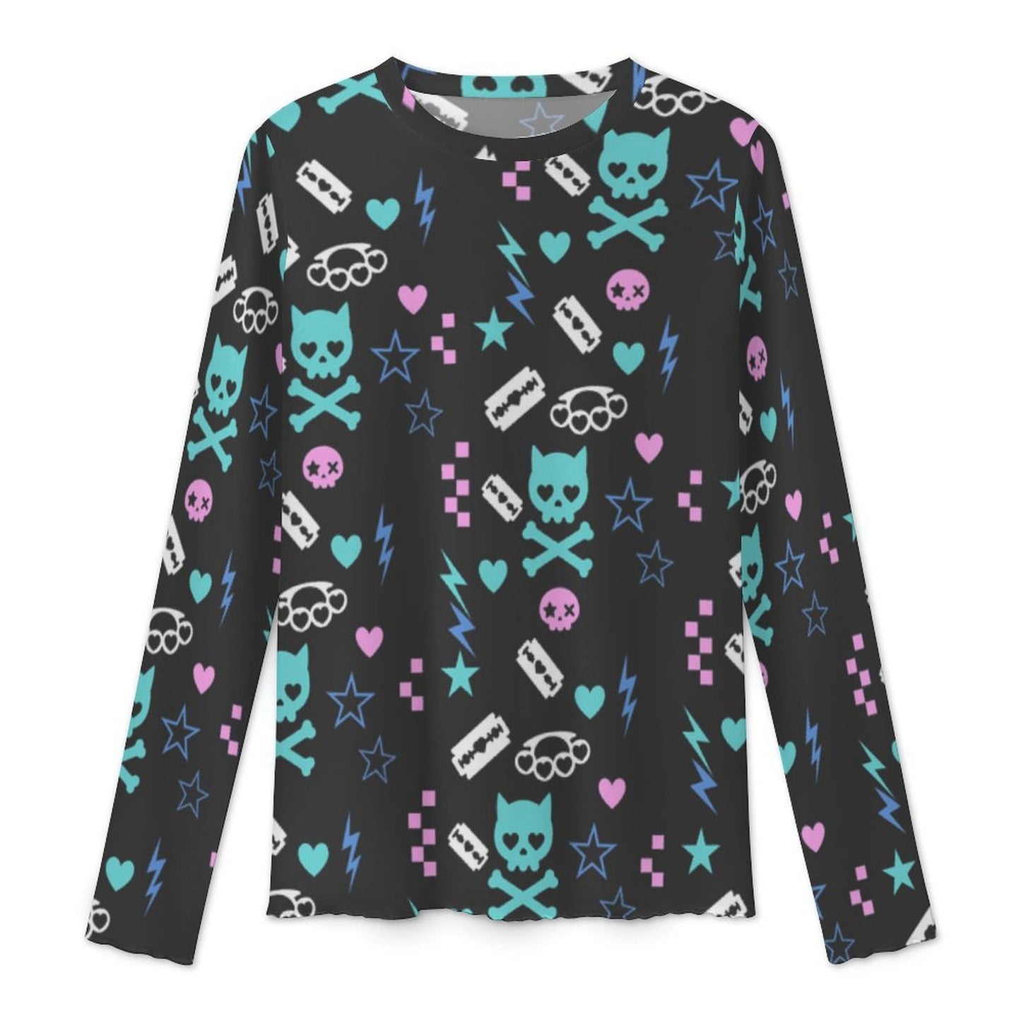Electric Cat Scene Queen Mesh Sheer Top featuring cat skulls, brass knuckles, razor blades, hearts, stars, and lightning bolts