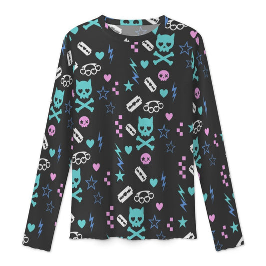 Electric Cat Scene Queen Mesh Sheer Top featuring cat skulls, brass knuckles, razor blades, hearts, stars, and lightning bolts