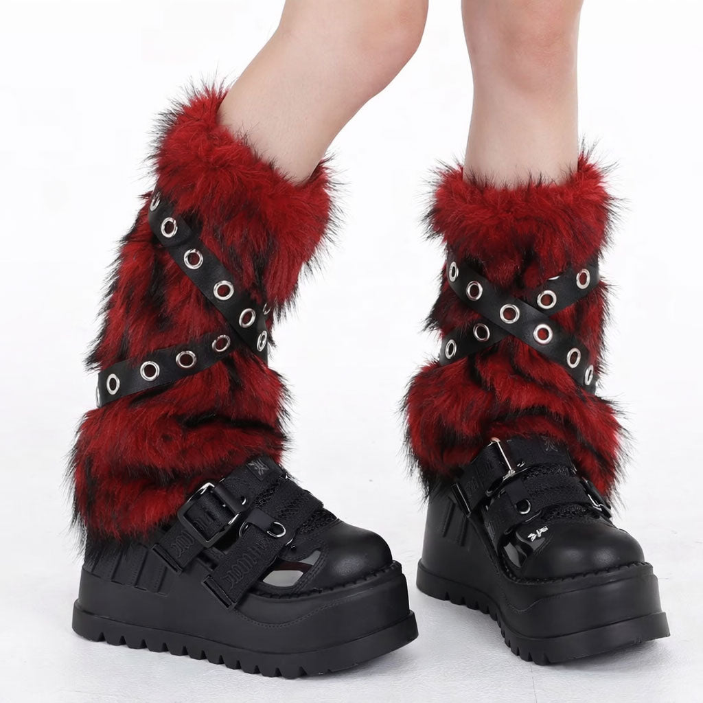 Red Faux Fur Leg Warmers with Strap Detail – Punk Statement