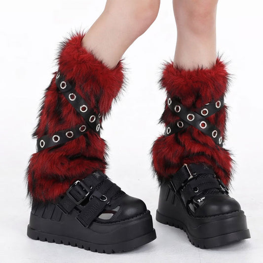 Red Faux Fur Leg Warmers with Strap Detail – Punk Statement