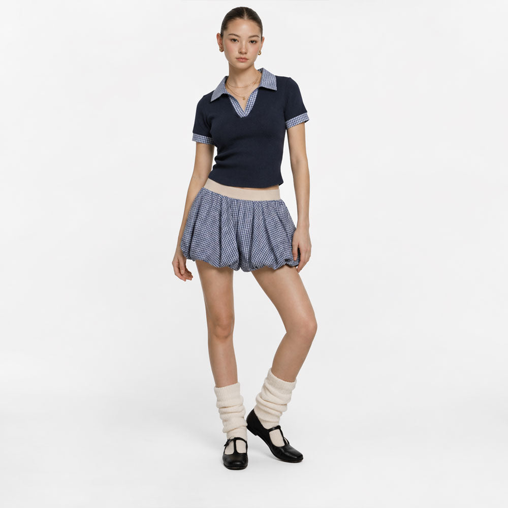 Navy Gingham Top and Bubble Mini Skirt Set Y2K Preppy Outfit