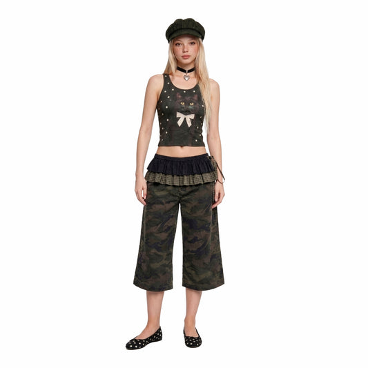 Y2K Layered Top &amp; Camo Cargo Pants Set – Ruffle Waist Grunge Two-Piece
