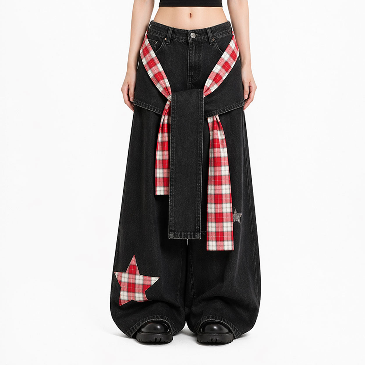 Star Patch Layered Plaid Wide-Leg Jeans